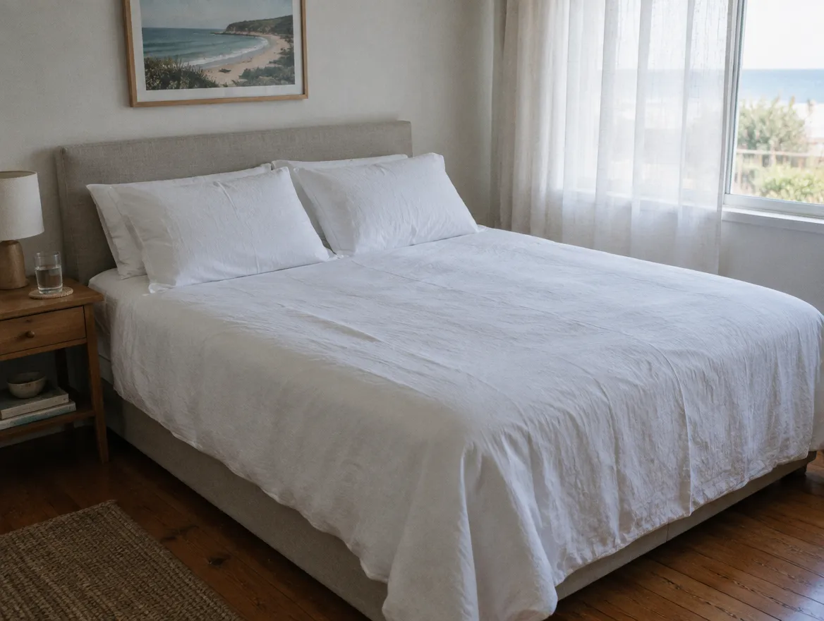 A freshly made bed with crisp white linen in a sunlit bedroom.