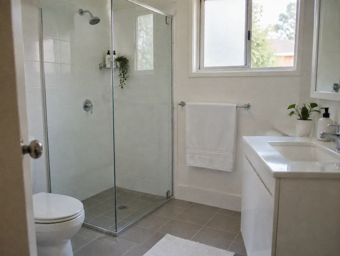 A clean white bathroom with fresh towels and daylight through the window.