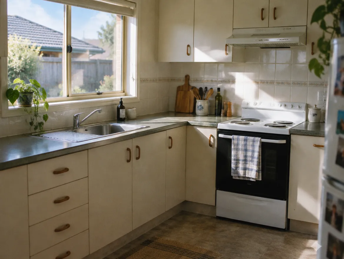 A spotless kitchen bench and sink in bright natural light.