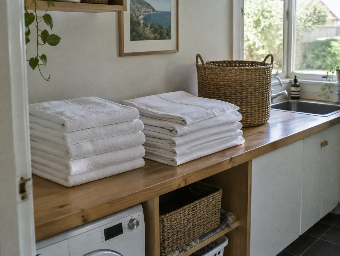 Neatly folded white towels and linen stacked on a timber bench.
