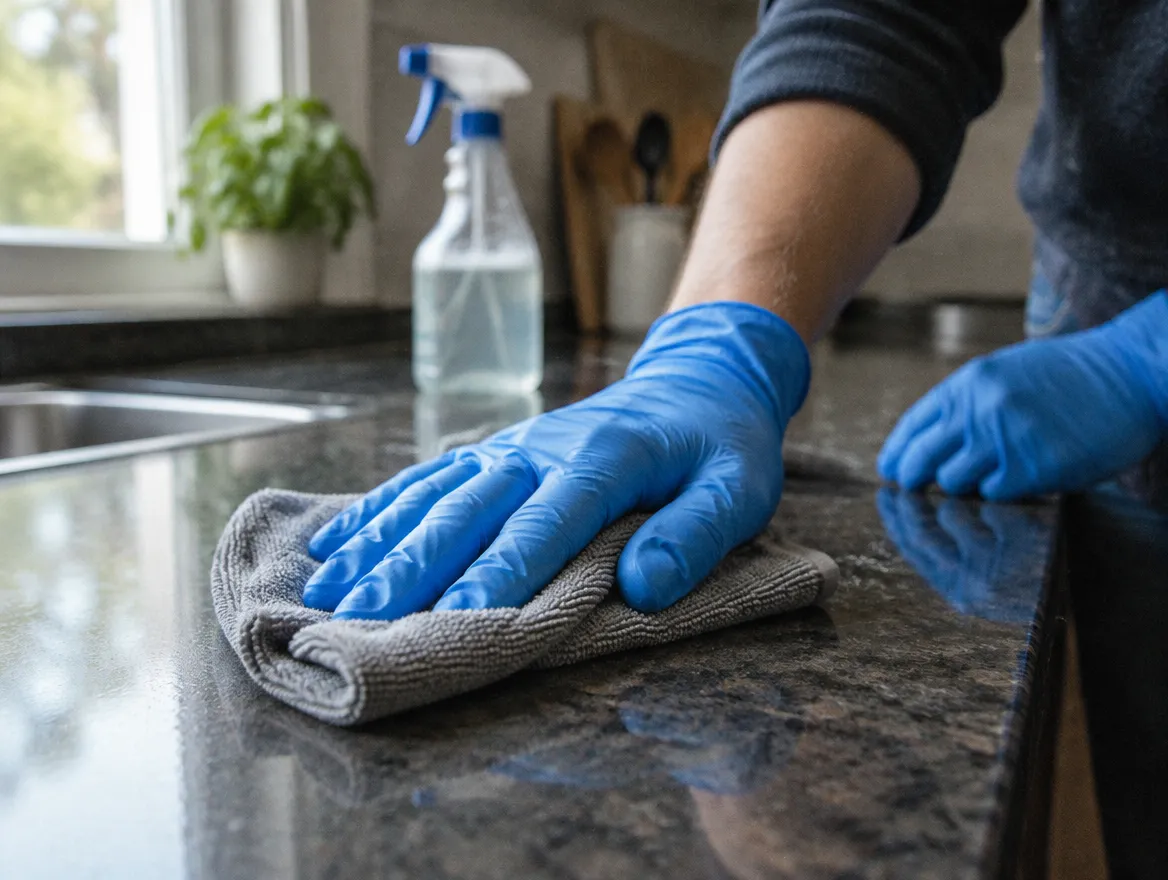 Gloved hands wiping down a kitchen bench with a cloth.
